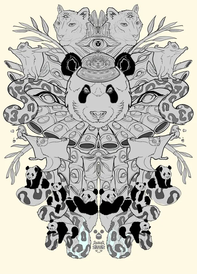 Symmetrical line illustration of a panda wearing a headdress surrounded by tigers, smaller pandas and bamboo