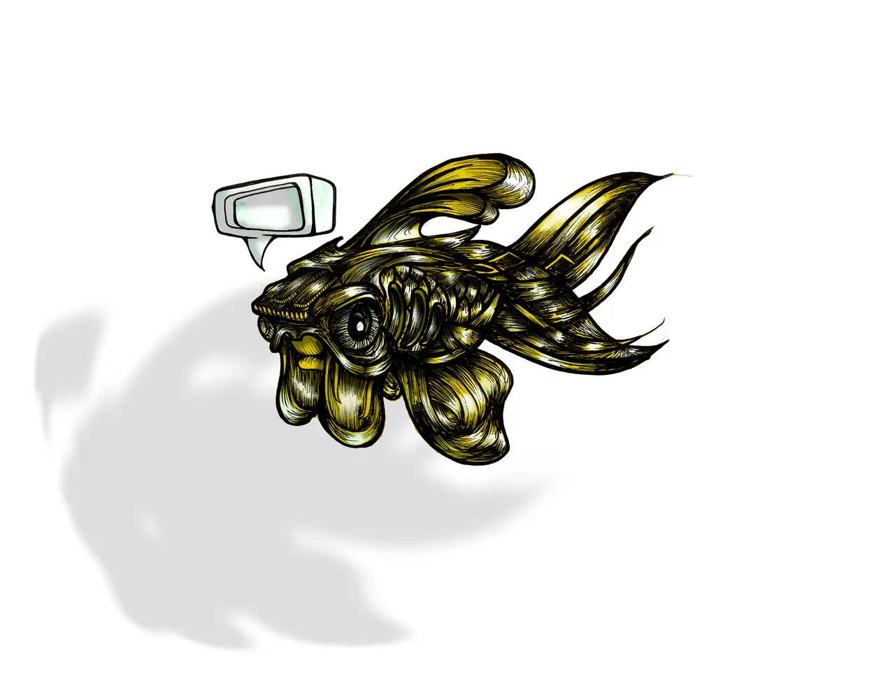 Illustration of a goldfish with bold black line work, gold shading and an empty rectangular speech bubble