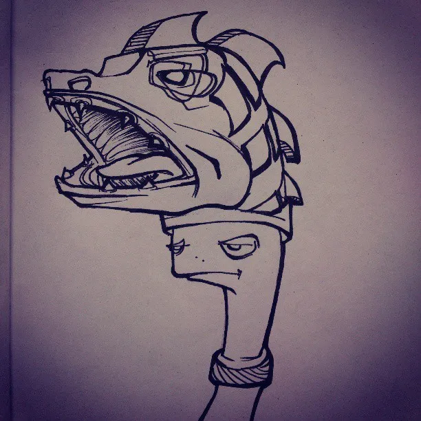 Ink drawing of a long-necked figure with a deadpan expression wearing an open-mouthed animal mask headdress