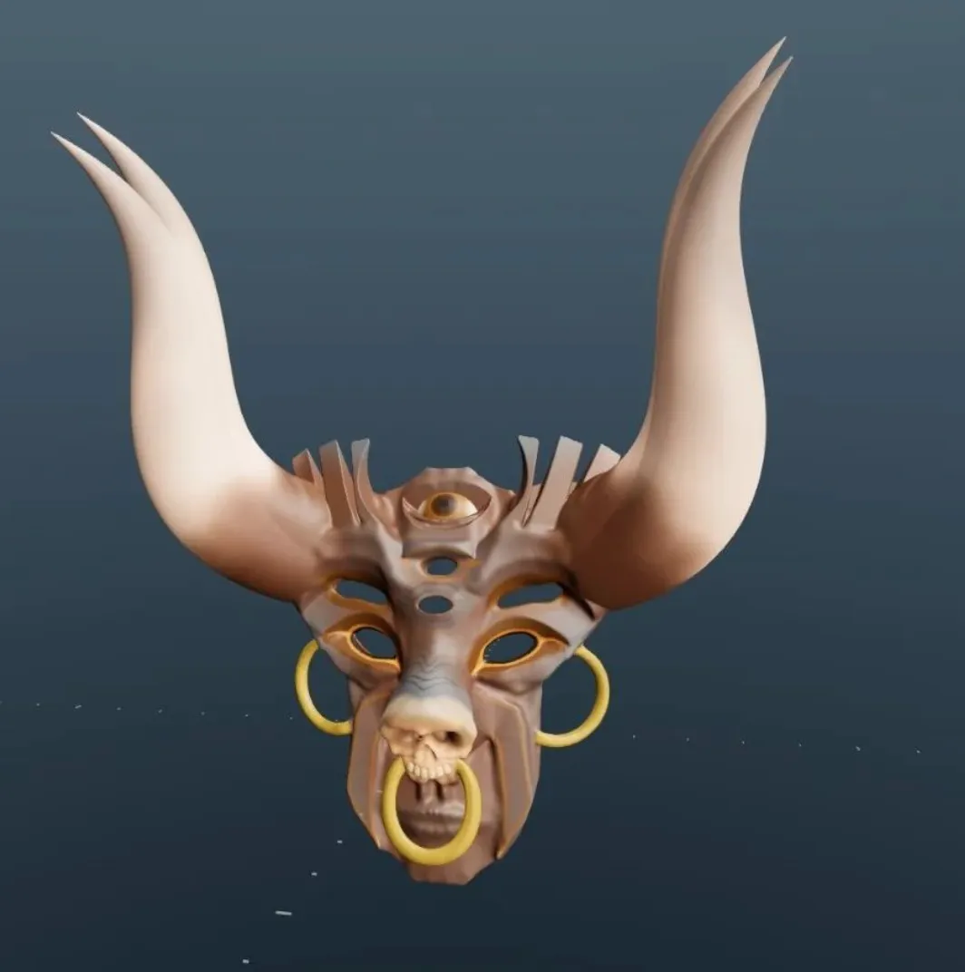 3D render of a totemic horned animal mask with a third eye and gold rings