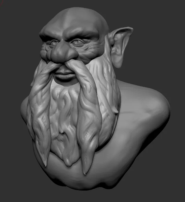 Grey 3D sculpt of a dwarf bust with pointed ears, a bulbous nose, and a long, stylized flowing beard