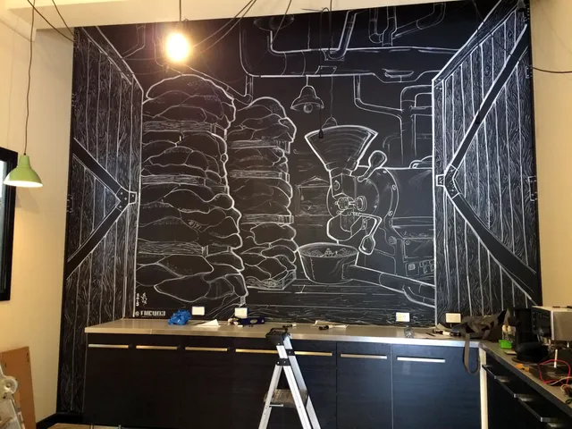 White line art mural on a dark wall depicting stacked coffee sacks and a roaster viewed through open wooden doors
