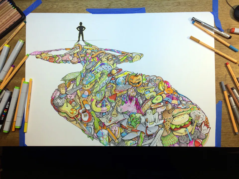 Imagination dreamscape illustration with bright colourful markers surrounding the workspace.
