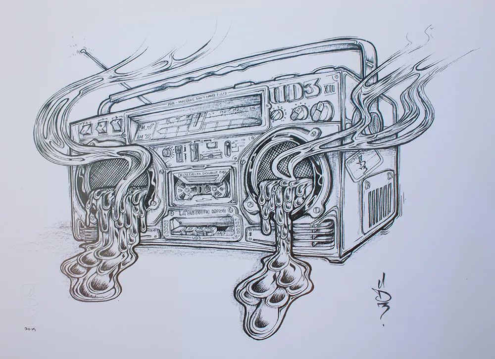 Black and white ink drawing of a retro boombox with smoke and liquid ooze spilling from the speakers