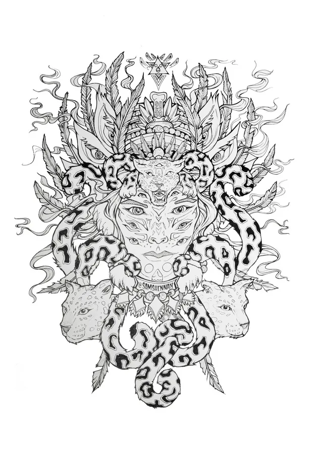 Black and white ink drawing of a multi-eyed shaman face surrounded by snow leopard heads, spotted tails and feathers
