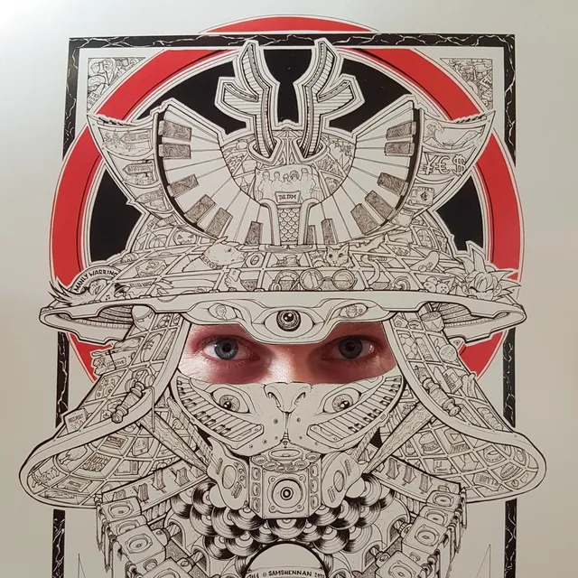 Intricate ink poster of a futuristic samurai mask with a cutout revealing a real person's eyes looking through it