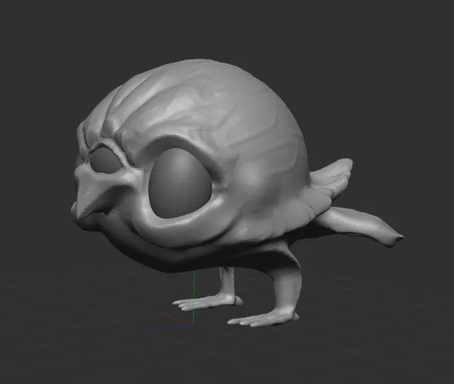Grey 3D sculpt of a stylized bird-like creature with large blank eyes and a short beak