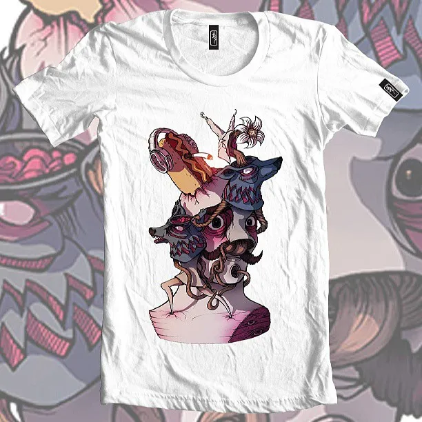 White t-shirt featuring a surreal illustration of a bust merged with wolf masks, tentacles, and a hot dog