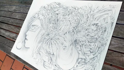 Pencil drawing of a person in glasses blowing a bubble, their hair morphing into intricate psychedelic patterns