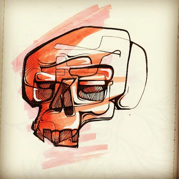 Ink and red marker sketch of a stylized skull with bold black linework