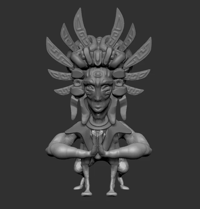 3D sculpt of an Aztec spirit with a patterned headdress, third eye, clasped hands, and animal legs