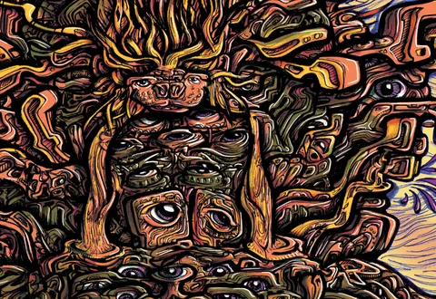 Psychedelic illustration of a totemic mask with stacked eyes and fiery hair amidst swirling bold linework