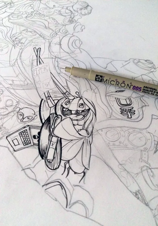 Details of WIP drawing of pumkin in an intricate illustration