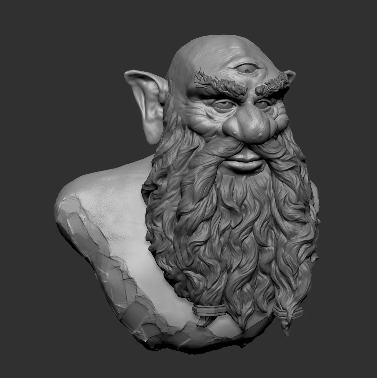 3D sculpt of a three-eyed dwarf bust with pointed ears and a long wavy beard