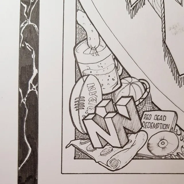 Ink drawing detail of a poster corner packed with a pizza slice, N64 logo, rugby ball, and Red Dead Redemption game