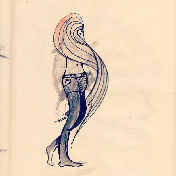 Stylized ink drawing of a barefoot woman in denim with extremely long flowing hair wrapped around her torso