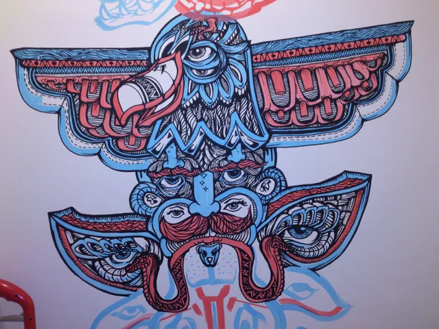 Red, blue and black mural of a psychedelic totem pole featuring an eagle above a bearded face with bold line work