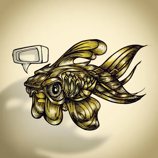 Illustration of a highly textured golden fish with bold line work and a blank 3D speech bubble