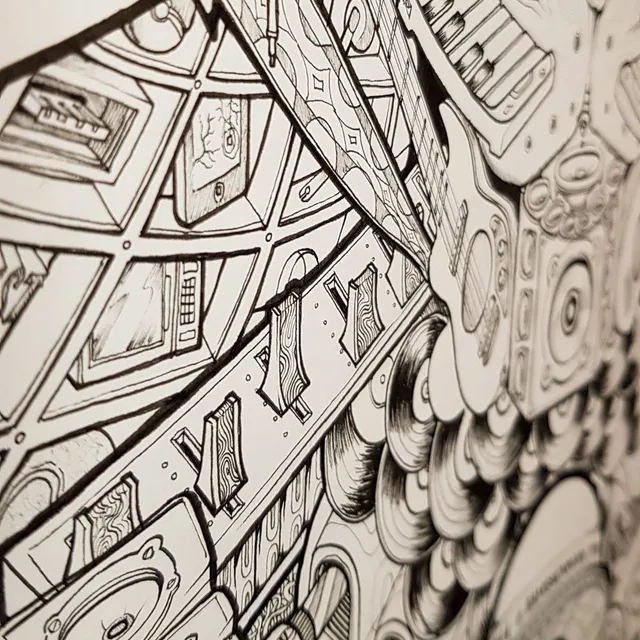Close-up black ink drawing showing a guitar, keyboard, vinyl records, and retro electronics in bold line work