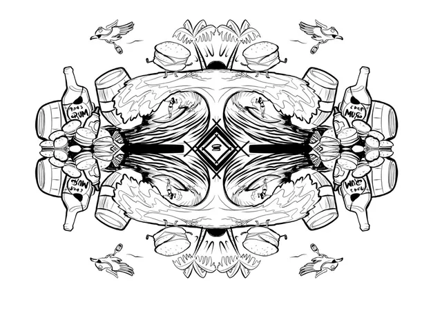 Black and white line drawing of a symmetrical mandala with waves, surfers, palm trees, rum bottles and walking burgers