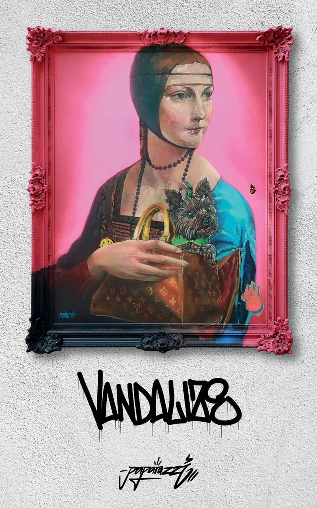 Framed Renaissance-style portrait of a woman holding a small dog in a designer bag above VANDALIZE graffiti