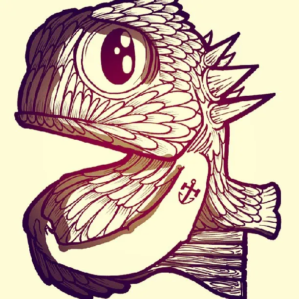 Bold line drawing of a stylized scaly creature head with a large eye, open mouth, spikes, and an anchor tattoo