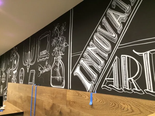 Mural on a black wall featuring white 3D text reading INNOVATE and ART alongside line drawings of flowers and objects