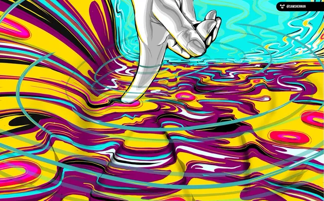 Psychedelic illustration of a grey hand dipping a finger into a rippling pool of vibrant yellow, purple and teal liquid