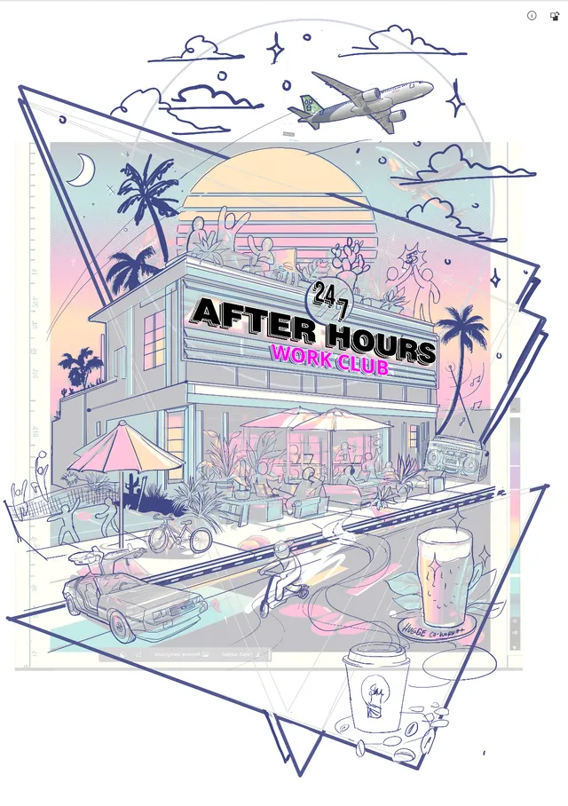 Digital illustration of a retro building reading 24/7 AFTER HOURS WORK CLUB with a vaporwave sunset and DeLorean