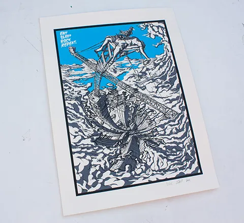 Screenprint of a figure sprawled on a crane above a swirling cityscape with the text Eat Sleep Rock Repeat