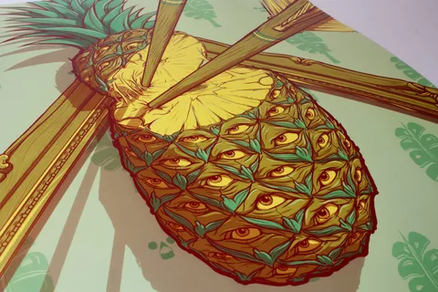 Psychedelic illustration of a sliced pineapple with an eye in every skin segment, pierced by two wooden sticks