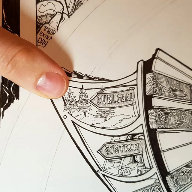 Finger pointing at an unfinished black ink illustration of wooden signposts reading Curl Curl and Systrum St