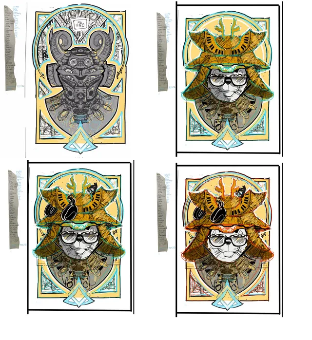 Four digital sketch variations for a poster featuring a cybernetic mask and a cat wearing a samurai helmet and glasses