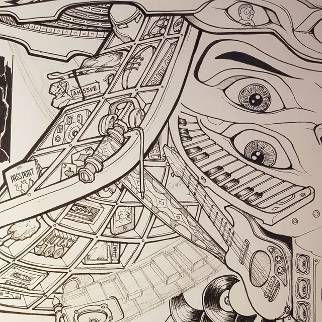 Detailed ink drawing of a surreal collage featuring large eyes, a guitar, and geometric shelves holding personal items