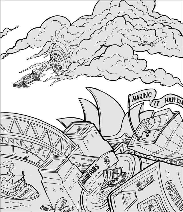 Black and white line drawing of a surreal Sydney cityscape with the Opera House, Harbour Bridge and a flying DeLorean