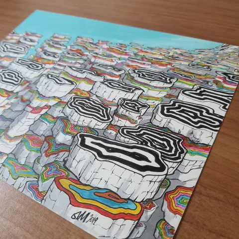 Ink drawing of cracked floating stone platforms with bold black-and-white patterned tops and vibrant rainbow-colored edges