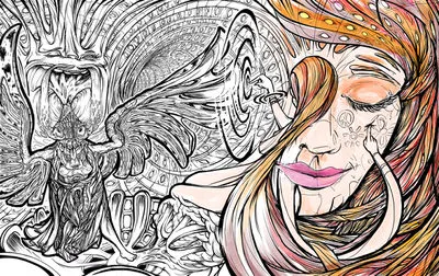 Partially colored ink illustration of a woman's face beside a winged shamanic figure and a swirling vortex