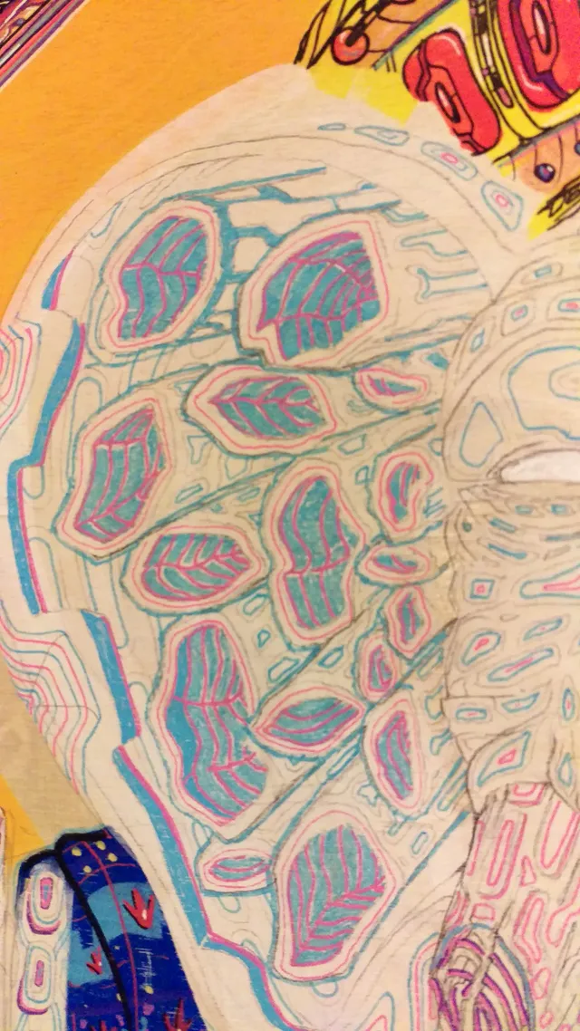Illustration detail of a patterned elephant ear featuring intricate blue and pink psychedelic line work