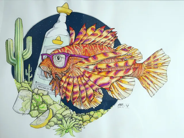 Watercolour paper illustration of a lionfish in the desert as an alien in the desert