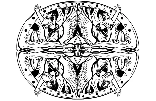 Black and white mandala line drawing of mirrored birds in aviator goggles with raised arms and floating rugby balls