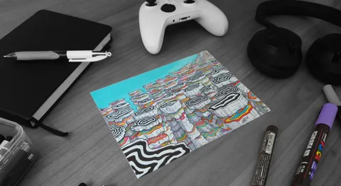 Colorful illustration of a surreal landscape with wavy striped plateaus and rainbow cracks on a greyscale desk