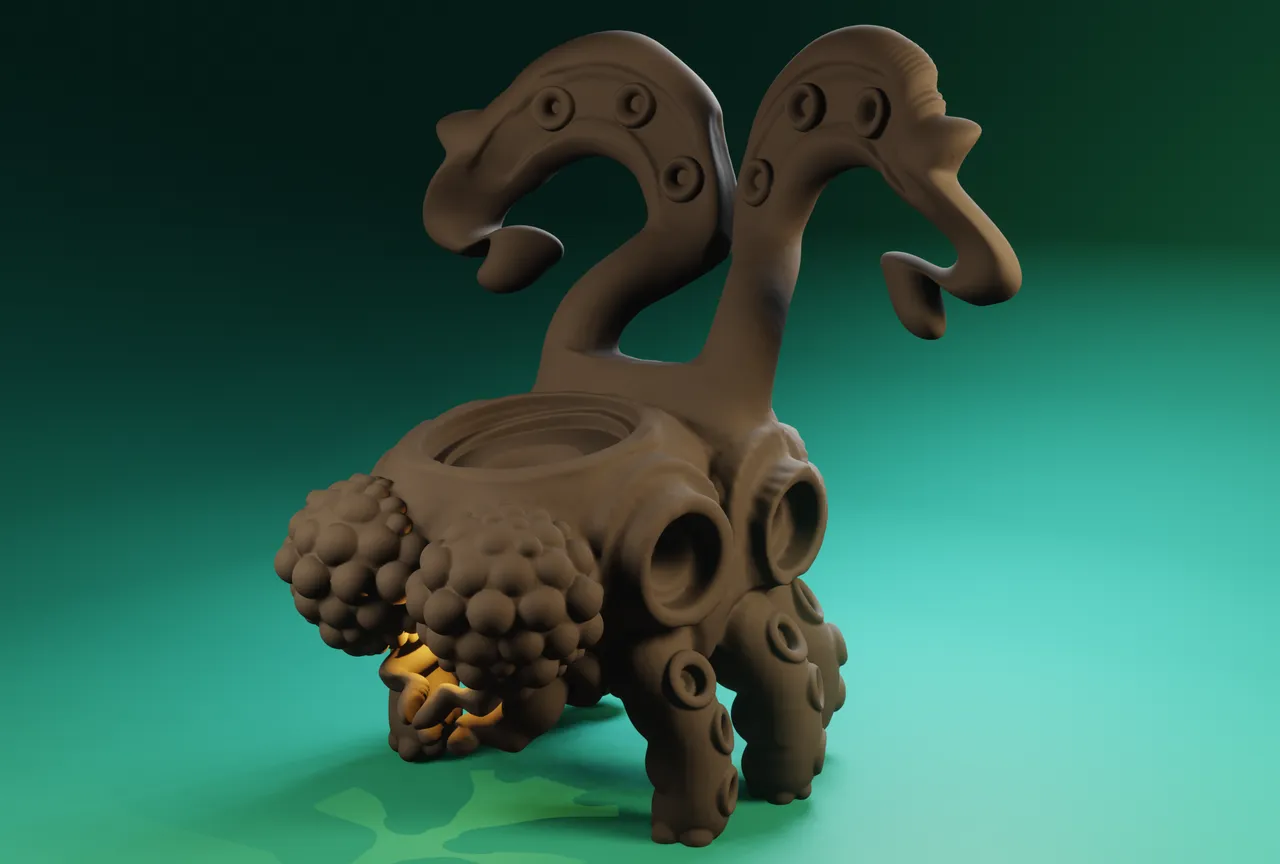 3D render of a brown abstract creature with tentacles and bulbous clusters on a green background
