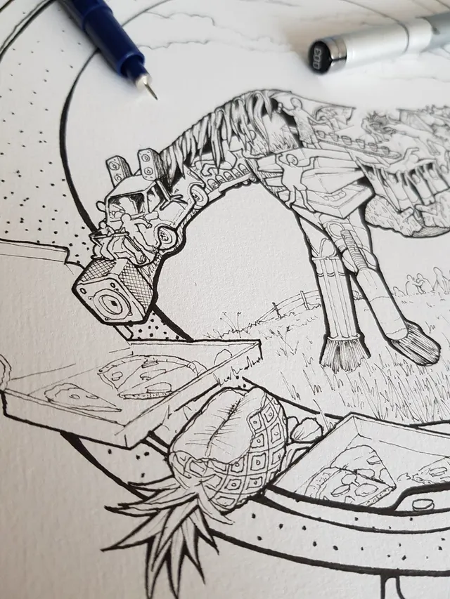 Ink drawing of a surreal horse formed by vehicles, speakers and figures, standing above pizza and a pineapple