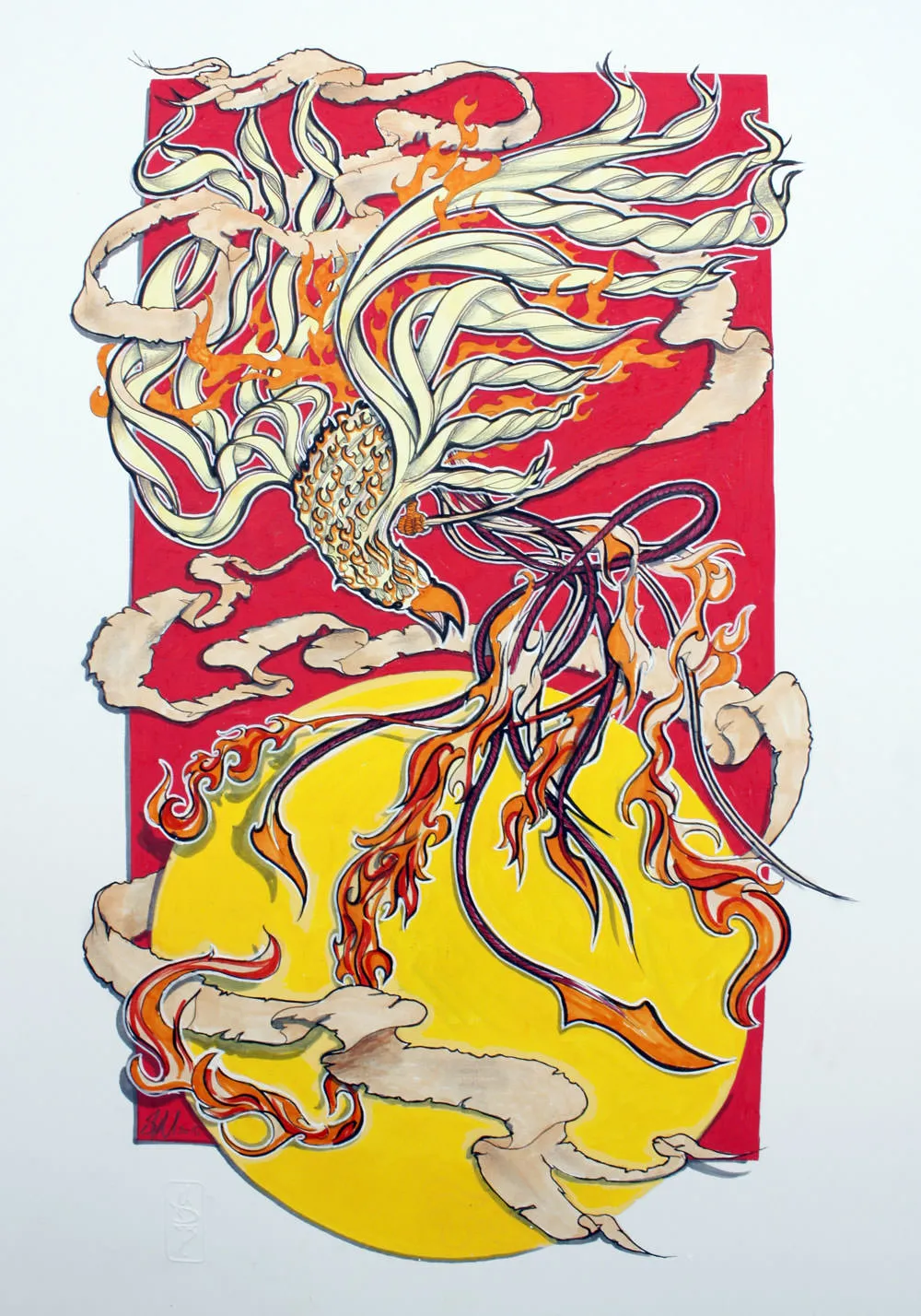 Illustration of a fiery phoenix with flowing ribbon-like wings over a red rectangular background and large yellow sun