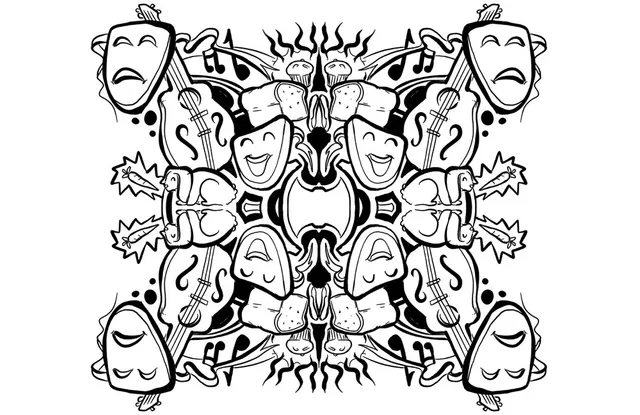 Symmetrical black and white ink mandala featuring theatrical masks, stringed instruments, rabbits and bread