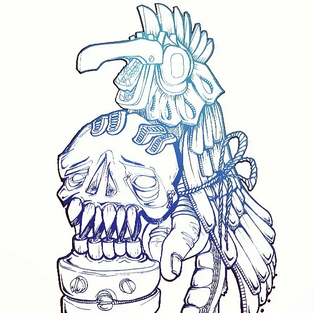 Blue gradient line drawing of a hand holding a stylized skull beneath a totemic bird mask