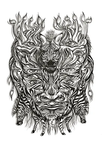 Black and white illustration of a symmetrical psychedelic mask formed by zebra heads, stripes, and multiple eyes