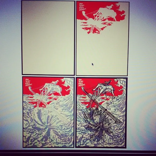 Four-panel digital illustration process of a figure riding a giant guitar through waves with Eat Sleep Rock Repeat text
