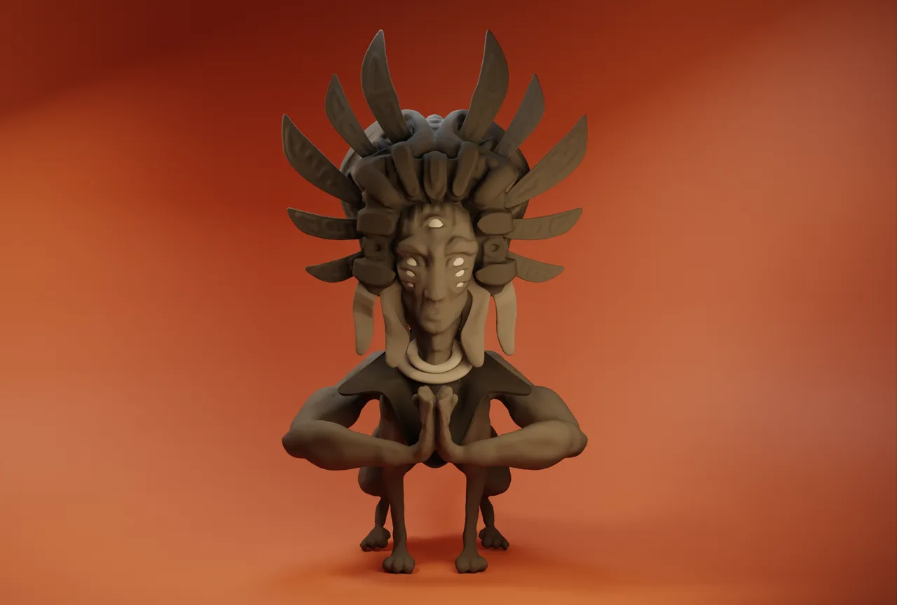 3D render of a grey totemic figure with multiple eyes, a spiked headdress, clasped hands and four legs