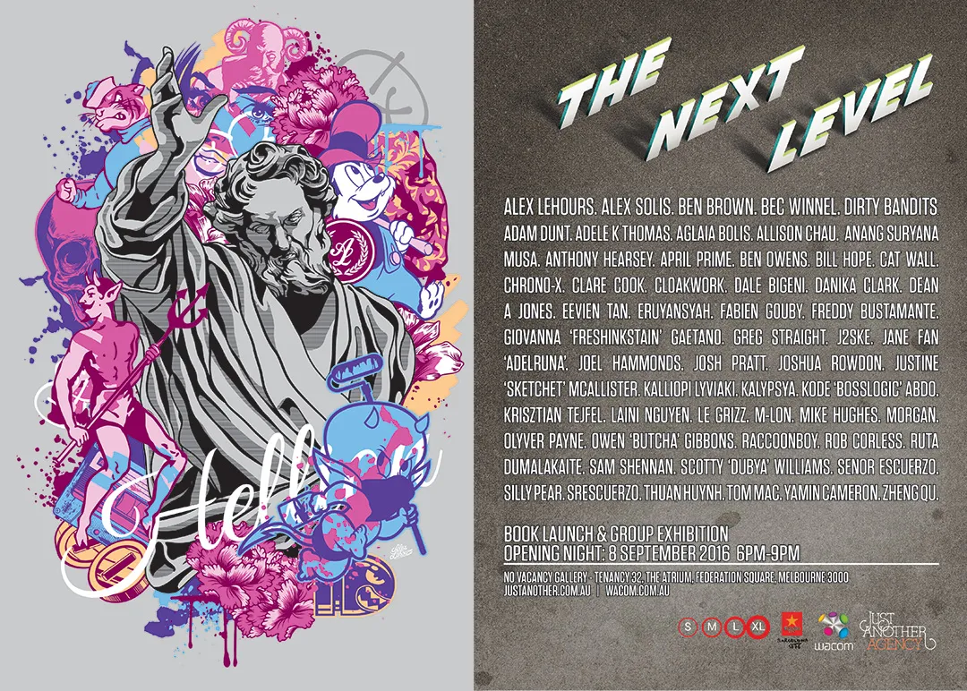 Psychedelic illustration with a classical statue, cartoon figures, bold line work, and paint splatters